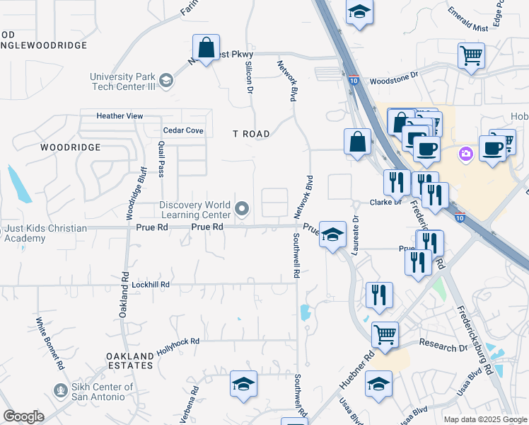 map of restaurants, bars, coffee shops, grocery stores, and more near 5331 Auburn Way in San Antonio