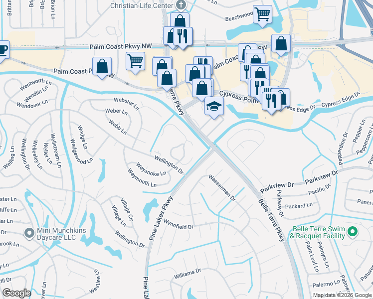 map of restaurants, bars, coffee shops, grocery stores, and more near 16 Lafayette Lane in Palm Coast
