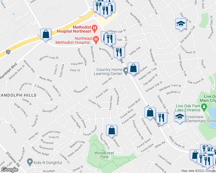 map of restaurants, bars, coffee shops, grocery stores, and more near 7633 Forest Vale in San Antonio