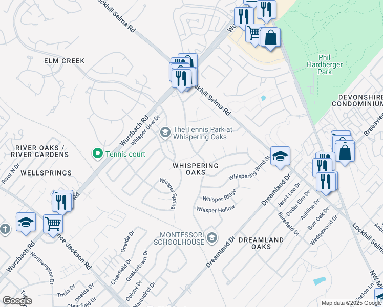 map of restaurants, bars, coffee shops, grocery stores, and more near 11403 Whisper Valley Street in San Antonio
