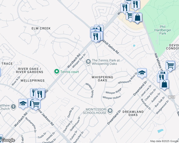 map of restaurants, bars, coffee shops, grocery stores, and more near 11306 Whisper Willow Street in San Antonio