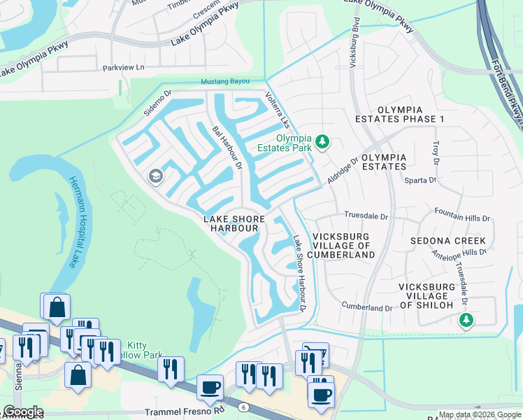 map of restaurants, bars, coffee shops, grocery stores, and more near 2827 Lake Villa Drive in Missouri City