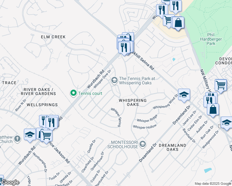 map of restaurants, bars, coffee shops, grocery stores, and more near 11306 Whisper Willow Street in San Antonio