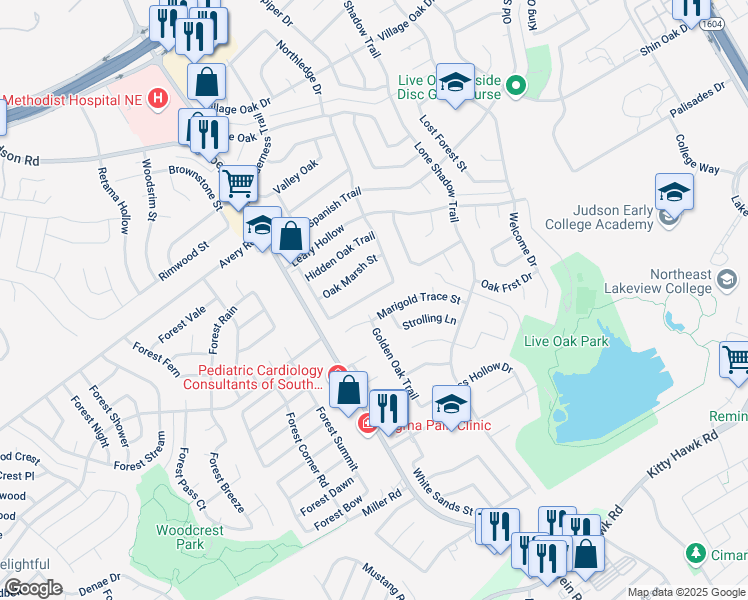 map of restaurants, bars, coffee shops, grocery stores, and more near 7642 Antique Oak Street in Live Oak