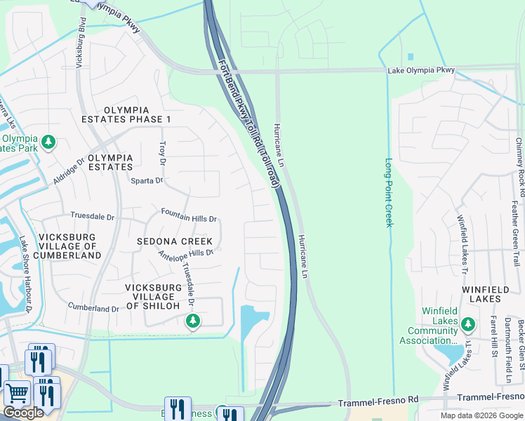 map of restaurants, bars, coffee shops, grocery stores, and more near 3102 Dry Creek Drive in Missouri City