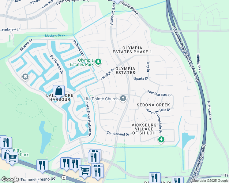 map of restaurants, bars, coffee shops, grocery stores, and more near 3538 Truesdale Drive in Missouri City