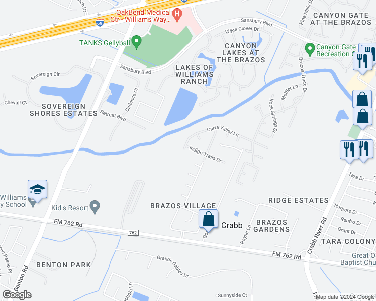 map of restaurants, bars, coffee shops, grocery stores, and more near 5606 Indigo Trails Drive in Richmond