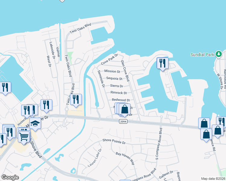map of restaurants, bars, coffee shops, grocery stores, and more near 2120 Rimrock Street in Kemah