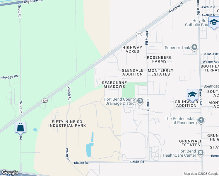 map of restaurants, bars, coffee shops, grocery stores, and more near 1026 Harrisburg Court in Rosenberg