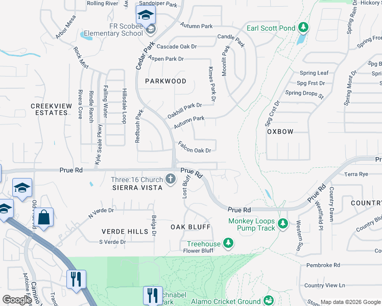 map of restaurants, bars, coffee shops, grocery stores, and more near 7762 Falcon Oak Drive in San Antonio