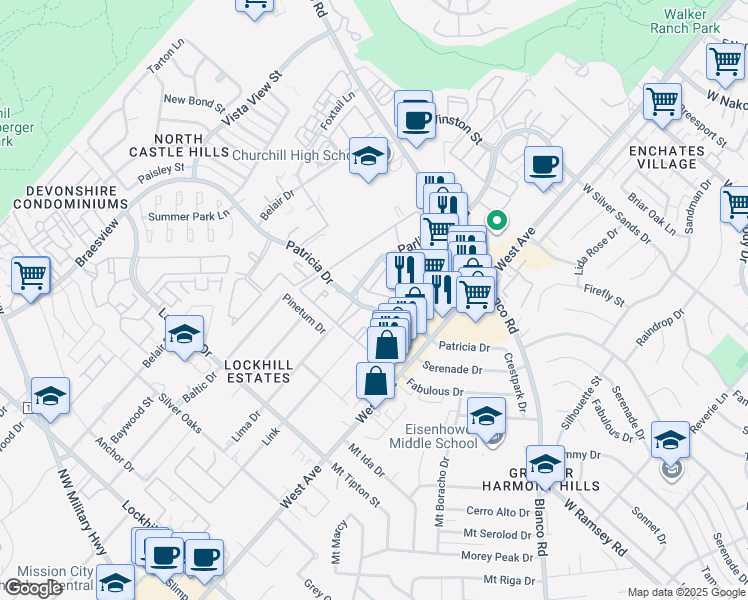 map of restaurants, bars, coffee shops, grocery stores, and more near 1127 Patricia Drive in San Antonio
