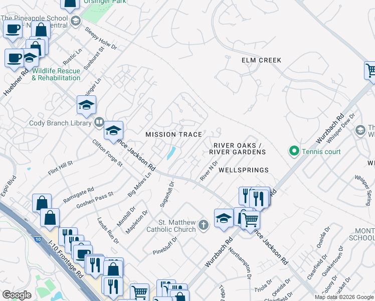 map of restaurants, bars, coffee shops, grocery stores, and more near 3455 Monterrey Oak in San Antonio