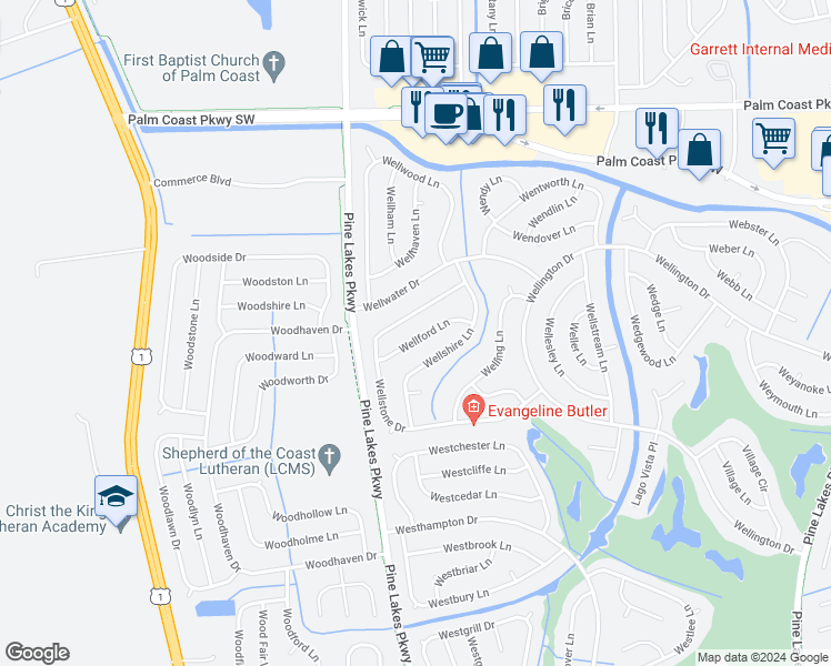 map of restaurants, bars, coffee shops, grocery stores, and more near 30 Wellford Lane in Palm Coast