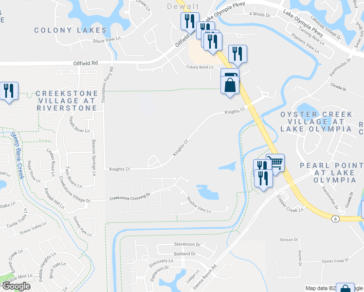 map of restaurants, bars, coffee shops, grocery stores, and more near Knights Court in Missouri City