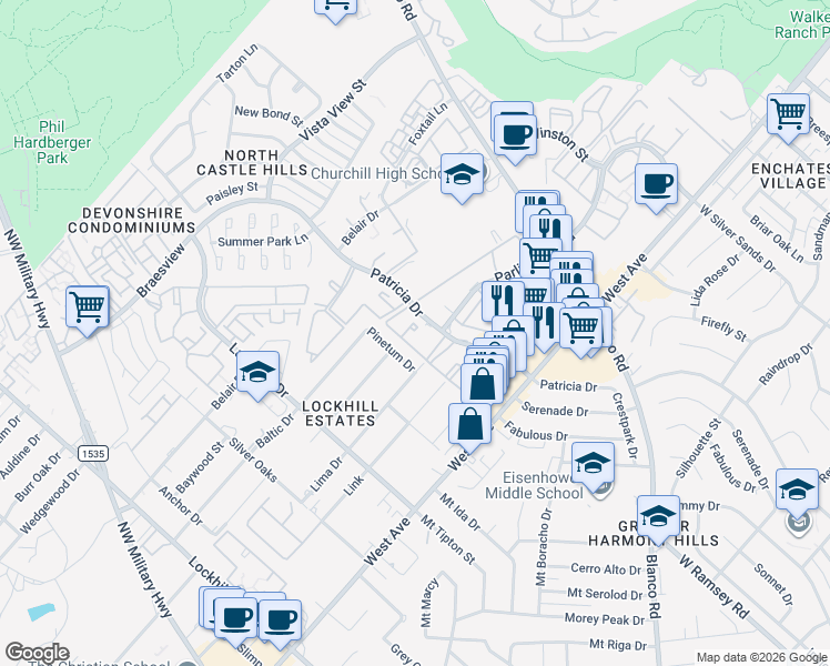 map of restaurants, bars, coffee shops, grocery stores, and more near 1200 Patricia Drive in San Antonio