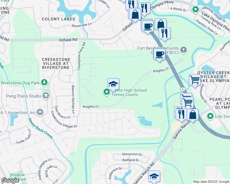 map of restaurants, bars, coffee shops, grocery stores, and more near 7007 Knights Court in Missouri City