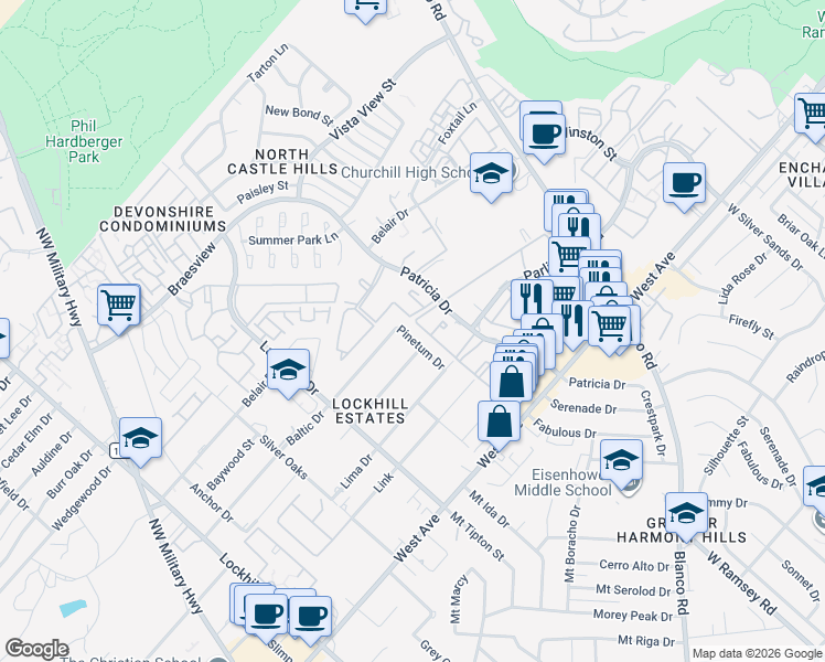 map of restaurants, bars, coffee shops, grocery stores, and more near 1714 Pinetum Drive in San Antonio