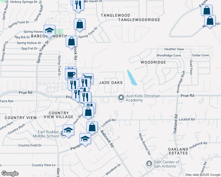 map of restaurants, bars, coffee shops, grocery stores, and more near 11207 Jadestone Boulevard in San Antonio