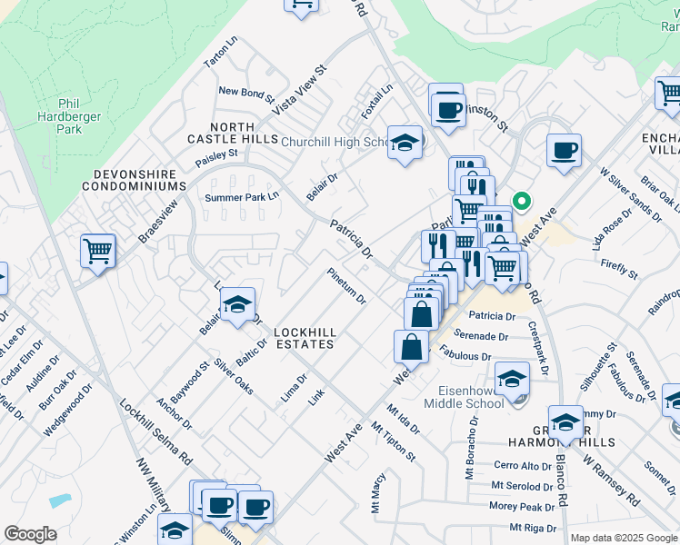 map of restaurants, bars, coffee shops, grocery stores, and more near 1714 Pinetum Drive in San Antonio