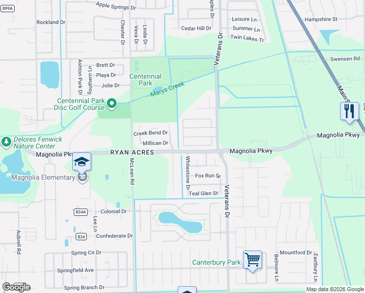 map of restaurants, bars, coffee shops, grocery stores, and more near 3434 West Magnolia Elms Drive in Pearland