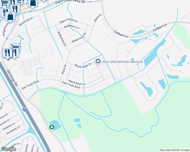 map of restaurants, bars, coffee shops, grocery stores, and more near 107 Black Bear Lane in Palm Coast