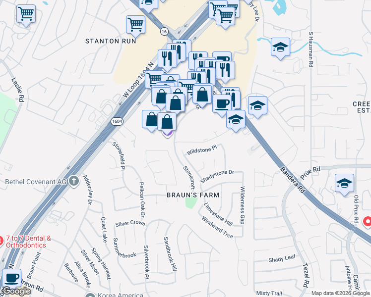 map of restaurants, bars, coffee shops, grocery stores, and more near 10611 Stone Creek Place in San Antonio