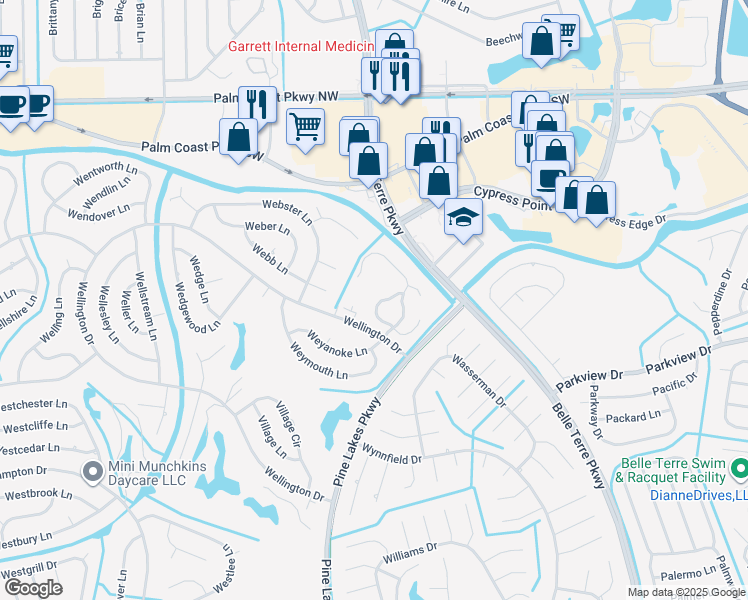 map of restaurants, bars, coffee shops, grocery stores, and more near 25 Liberty Circle in Palm Coast