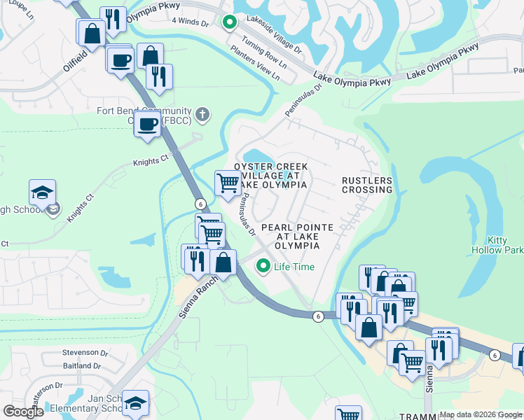 map of restaurants, bars, coffee shops, grocery stores, and more near 8123 Meadow Pond Drive in Missouri City