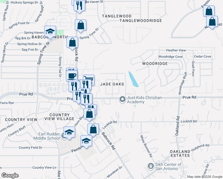 map of restaurants, bars, coffee shops, grocery stores, and more near 11207 Jadestone Boulevard in San Antonio