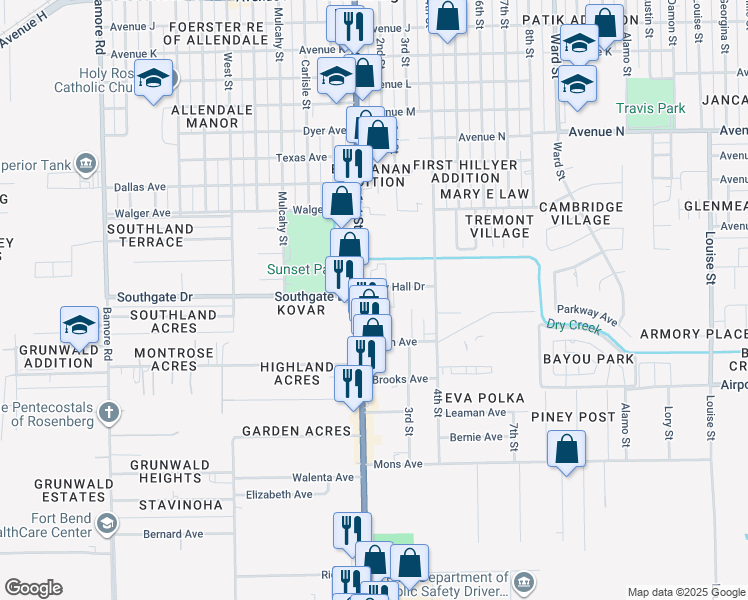 map of restaurants, bars, coffee shops, grocery stores, and more near 2201 1st Street in Rosenberg