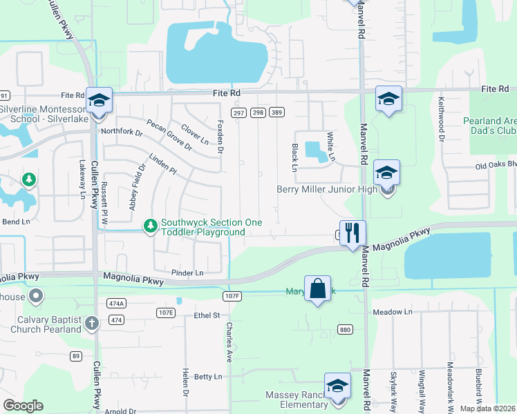 map of restaurants, bars, coffee shops, grocery stores, and more near 2819 Oak Road in Pearland