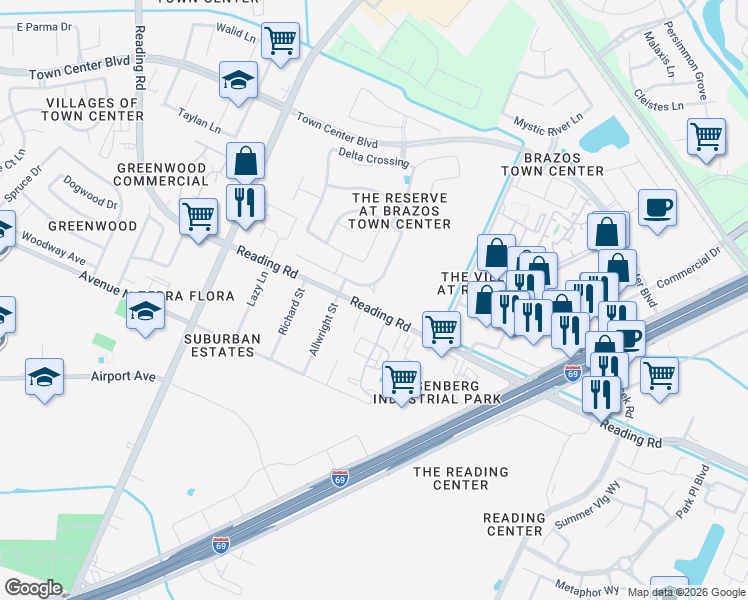 map of restaurants, bars, coffee shops, grocery stores, and more near 6506 Limestone Court in Rosenberg
