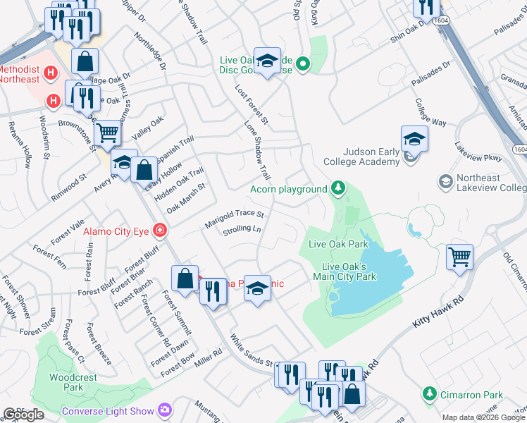 map of restaurants, bars, coffee shops, grocery stores, and more near 7730 Marigold Trace Street in Live Oak