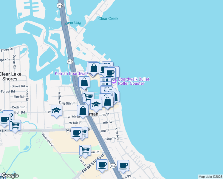 map of restaurants, bars, coffee shops, grocery stores, and more near 701 4th Street in Kemah