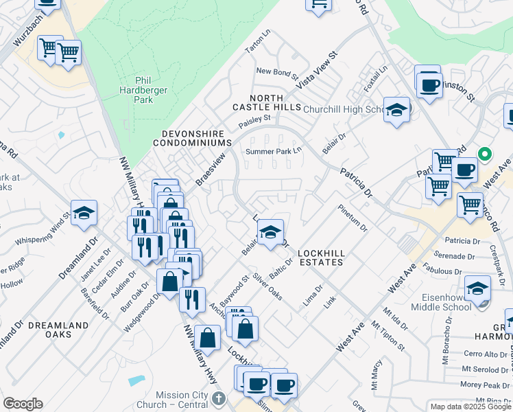 map of restaurants, bars, coffee shops, grocery stores, and more near in San Antonio