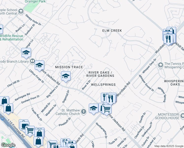 map of restaurants, bars, coffee shops, grocery stores, and more near 3418 River North Drive in San Antonio
