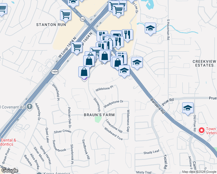 map of restaurants, bars, coffee shops, grocery stores, and more near 9326 Wildstone Place in San Antonio