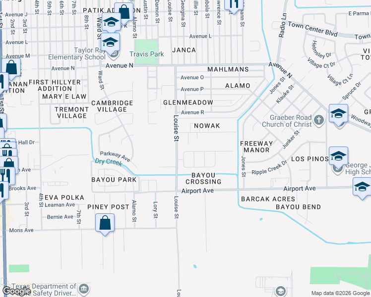 map of restaurants, bars, coffee shops, grocery stores, and more near 2114 Fallen Reed Road in Rosenberg