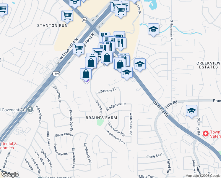 map of restaurants, bars, coffee shops, grocery stores, and more near 9326 Wildstone Place in San Antonio