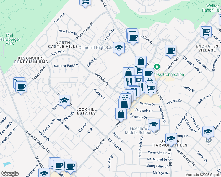 map of restaurants, bars, coffee shops, grocery stores, and more near 1200 Patricia Drive in San Antonio