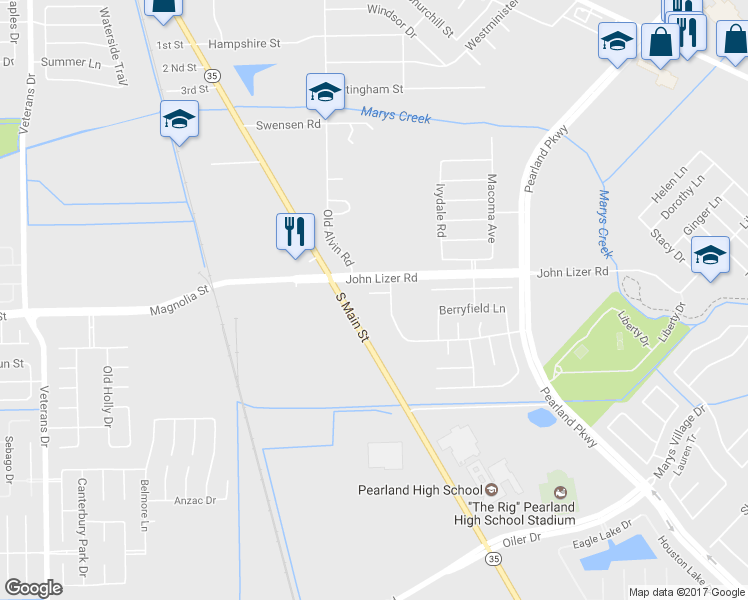 map of restaurants, bars, coffee shops, grocery stores, and more near 3404 Huisache Court in Pearland
