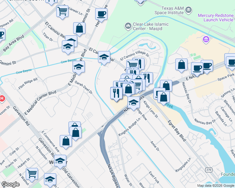 map of restaurants, bars, coffee shops, grocery stores, and more near 801 East Nasa Parkway in Webster