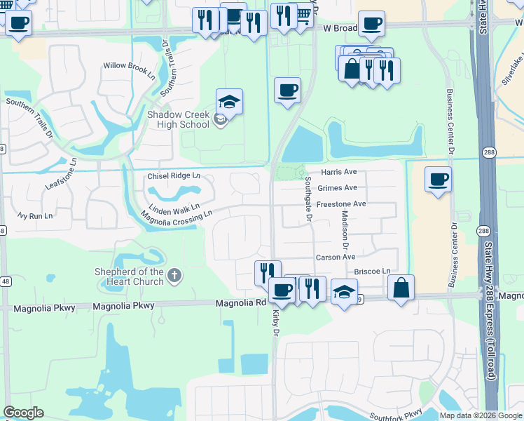 map of restaurants, bars, coffee shops, grocery stores, and more near 3502 Sunburst Creek Lane in Pearland