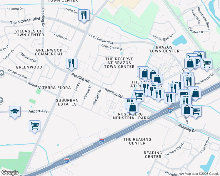 map of restaurants, bars, coffee shops, grocery stores, and more near 6506 Limestone Court in Rosenberg