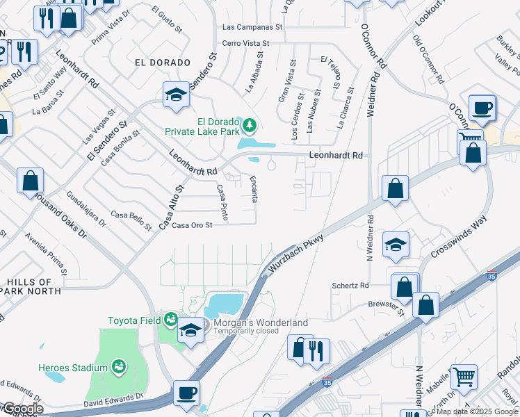 map of restaurants, bars, coffee shops, grocery stores, and more near 5122 Casa Corte Street in San Antonio