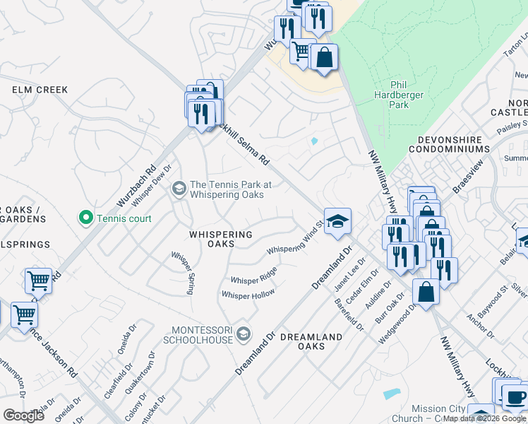 map of restaurants, bars, coffee shops, grocery stores, and more near 11503 Whisper Circle in San Antonio