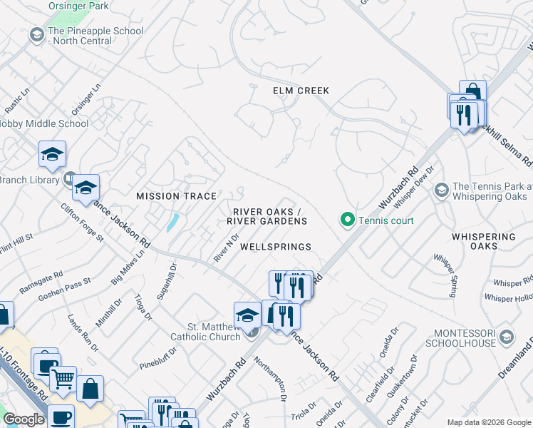 map of restaurants, bars, coffee shops, grocery stores, and more near 3439 River Path Street in San Antonio