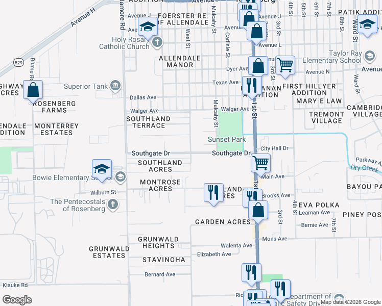 map of restaurants, bars, coffee shops, grocery stores, and more near 1219 Magnolia Drive in Rosenberg