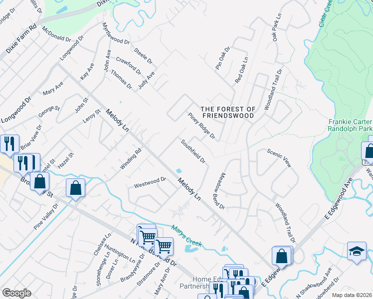 map of restaurants, bars, coffee shops, grocery stores, and more near 608 Southfield Drive in Friendswood