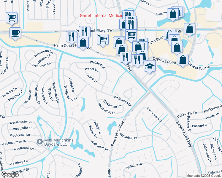 map of restaurants, bars, coffee shops, grocery stores, and more near 14 Webster Place in Palm Coast